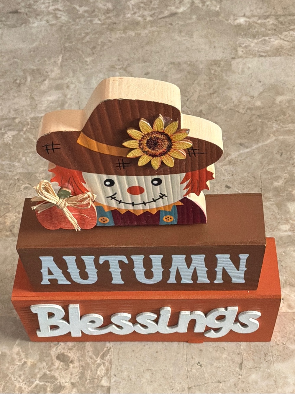 Autumn Blessings Wooden Scarecrow Block Sign - Orange and Brown
